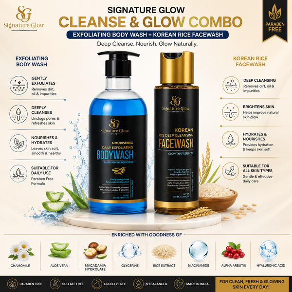 Signature Glow Cleanse & Glow Combo — Exfoliating Body Wash + Korean Rice Facewash