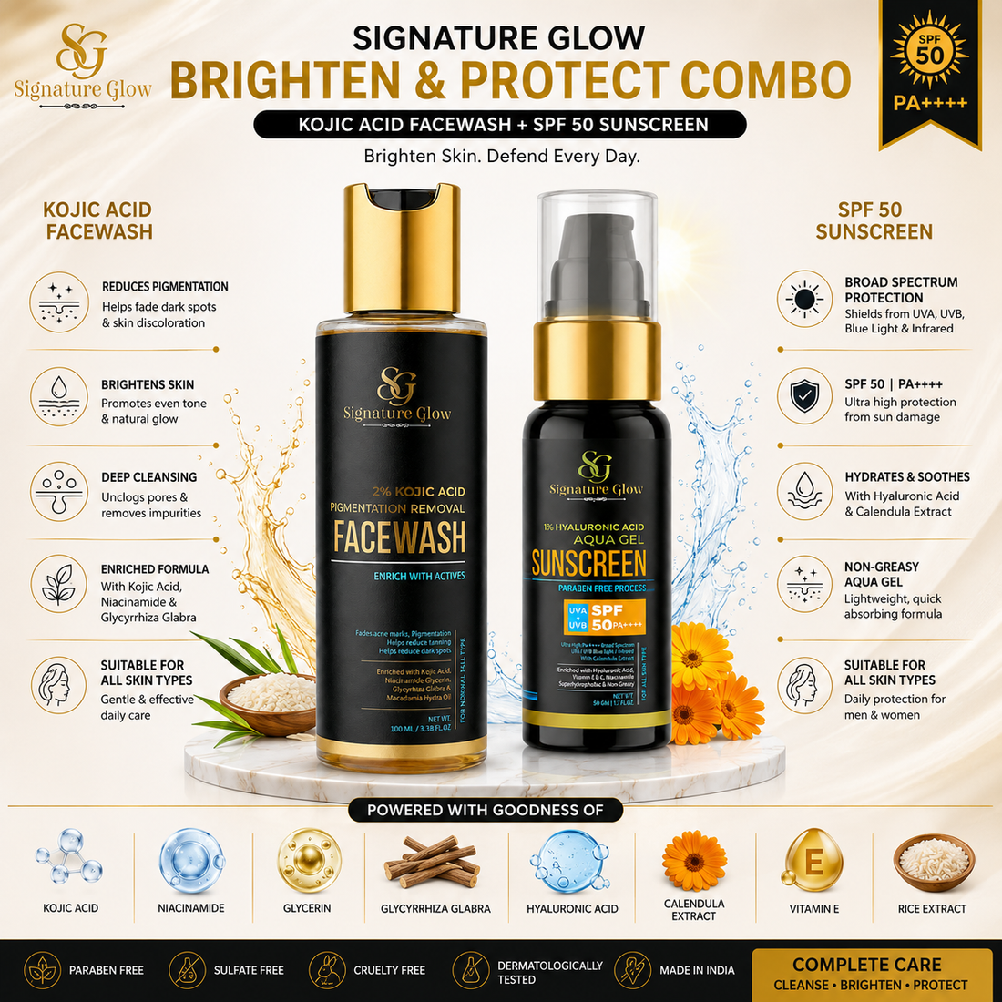 Signature Glow Brighten & Protect Combo — Kojic Acid Facewash + SPF 50 Sunscreen