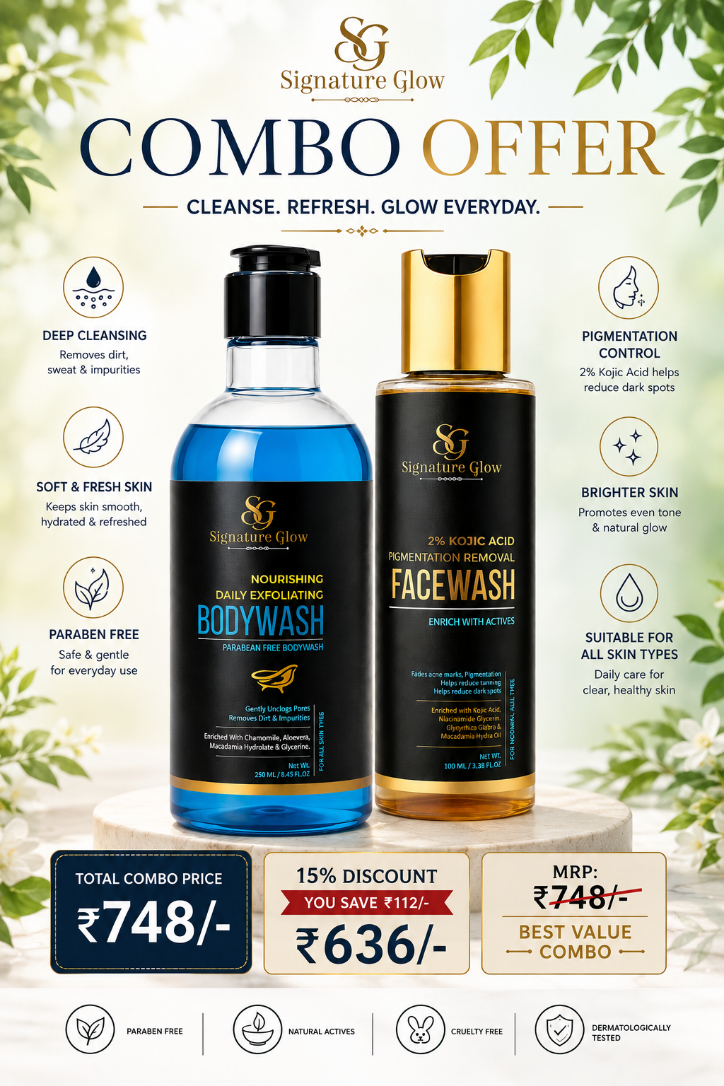 Signature Glow Brighten All Over Combo — Exfoliating Body Wash + Kojic Acid Facewash